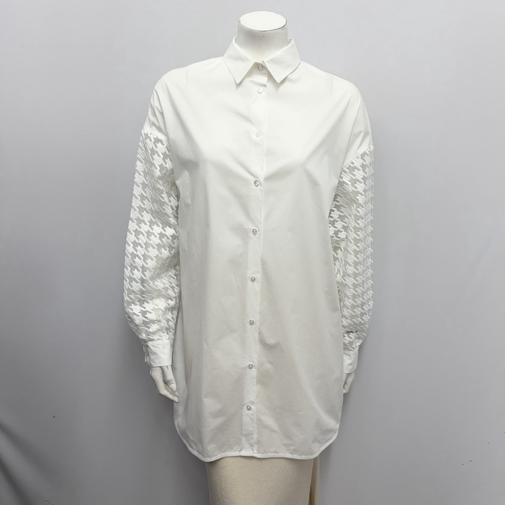 Anne Fontaine Majeur Shirt Blouse Top White Partially Sheer Sleeves Size M